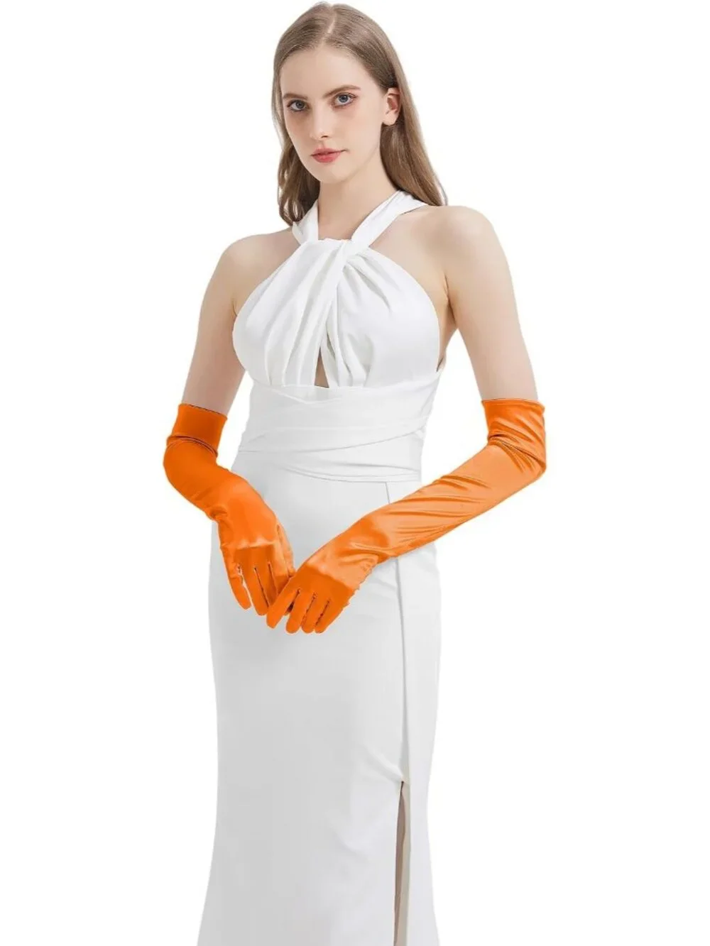 Women's Orange Satin Opera Elbow Length 1920s Flapper Long Gloves Party